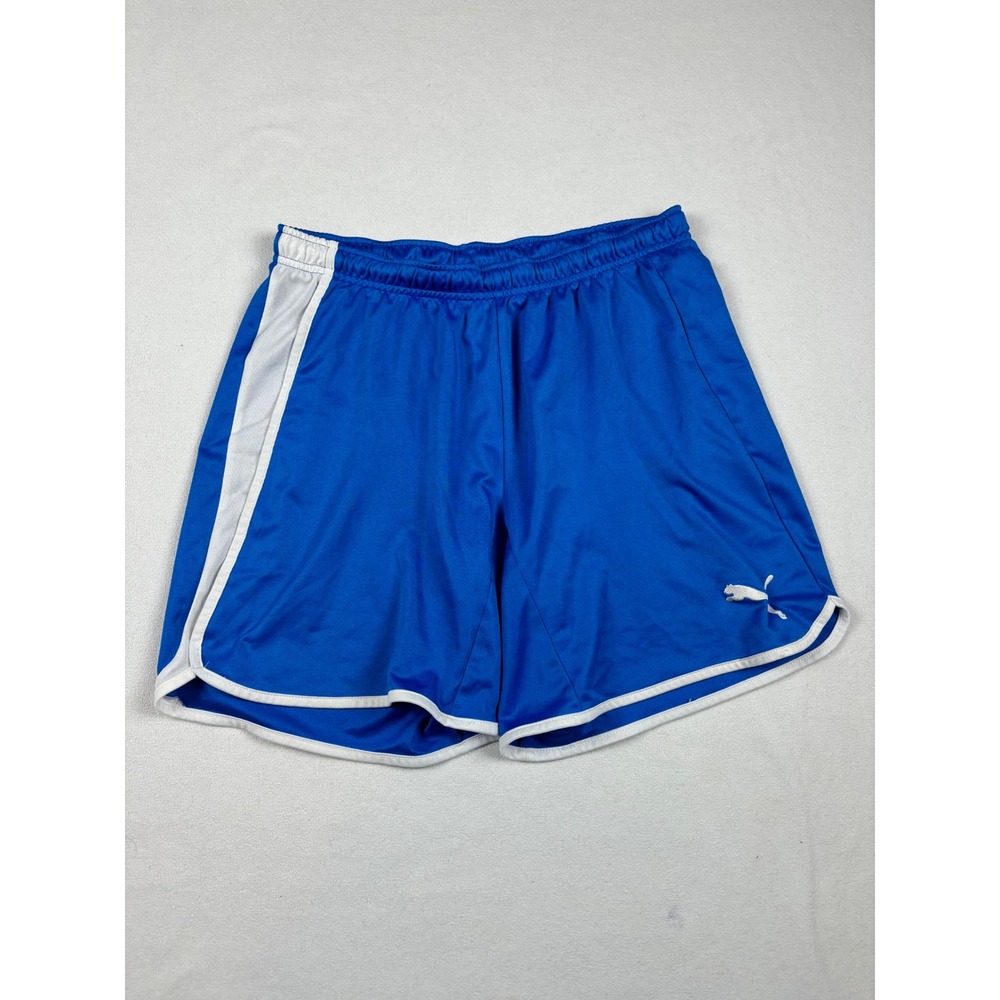 Puma Womens Blue Athletic Soccer Shorts White Stripe Elastic Waist Large